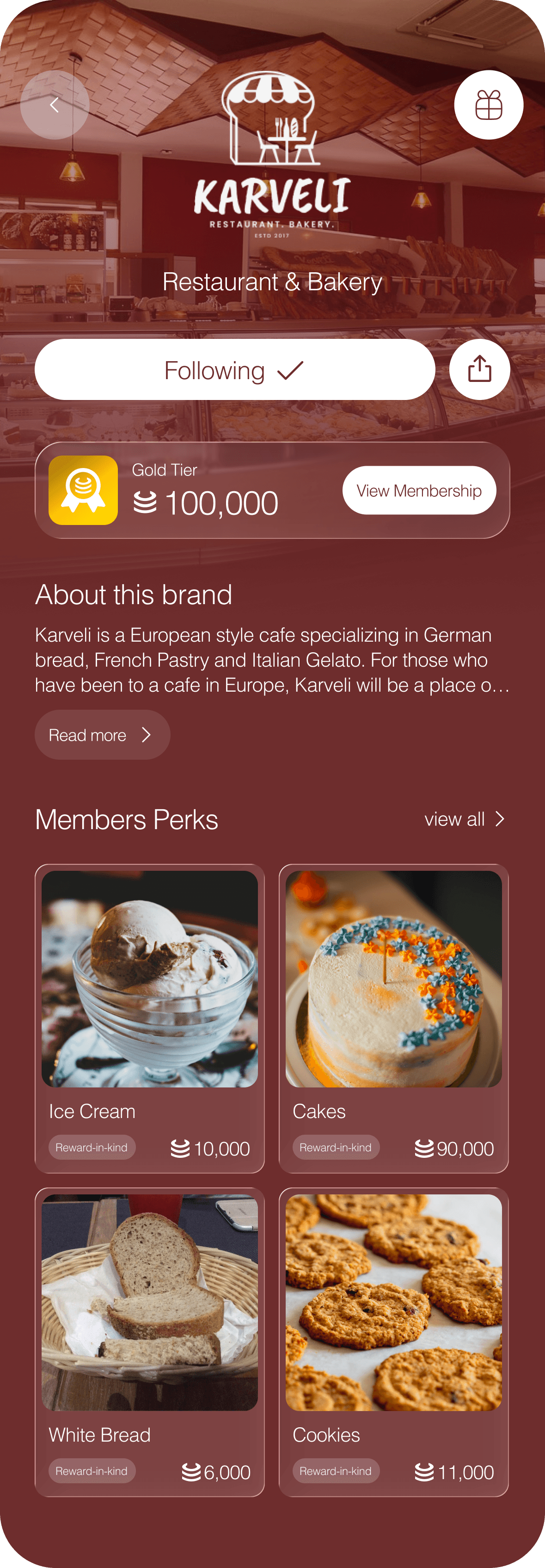 The top of Karveli's storefront in the Coinz app: logo, a Following button and a Gold Tier balance of 100,000 Coinz