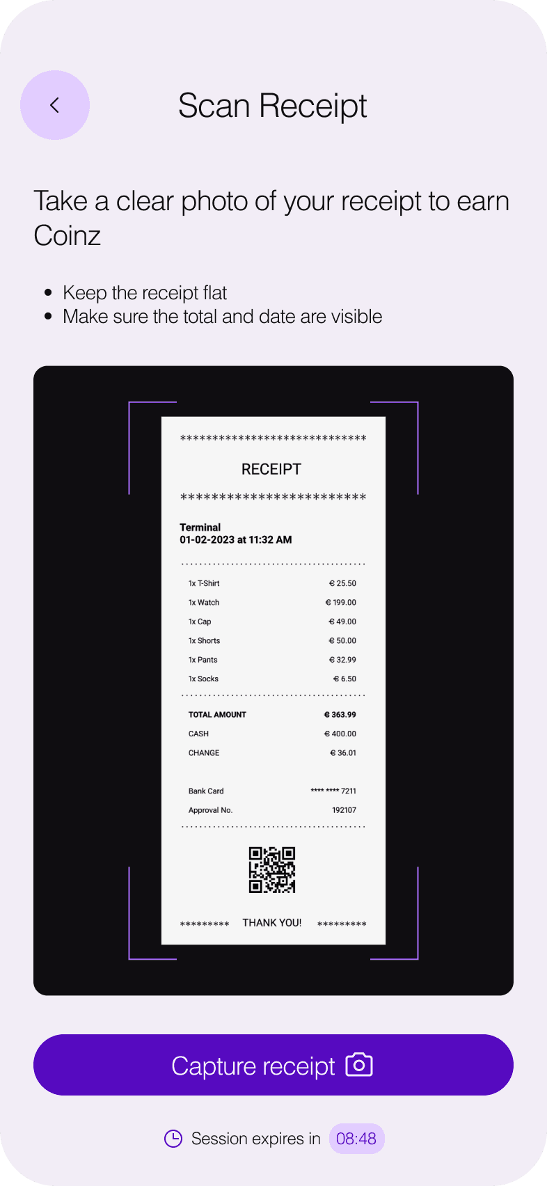 The Scan Receipt screen in the Coinz app, with a receipt framed in the camera view