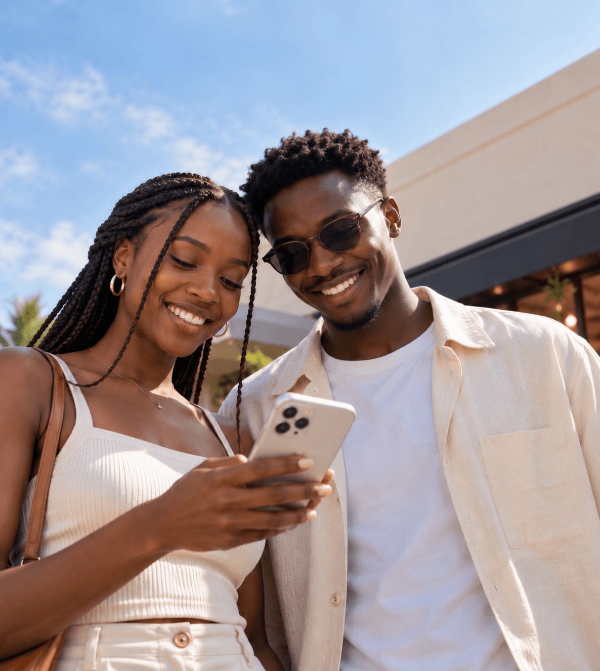 Two friends smiling at a phone outside a café on a sunny day